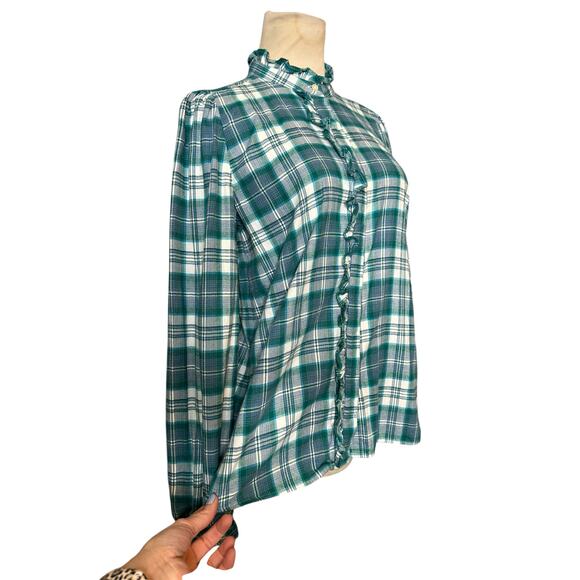 Loft green white plaid long sleeves ruffle button shirt size Small - Picture 16 of 16
